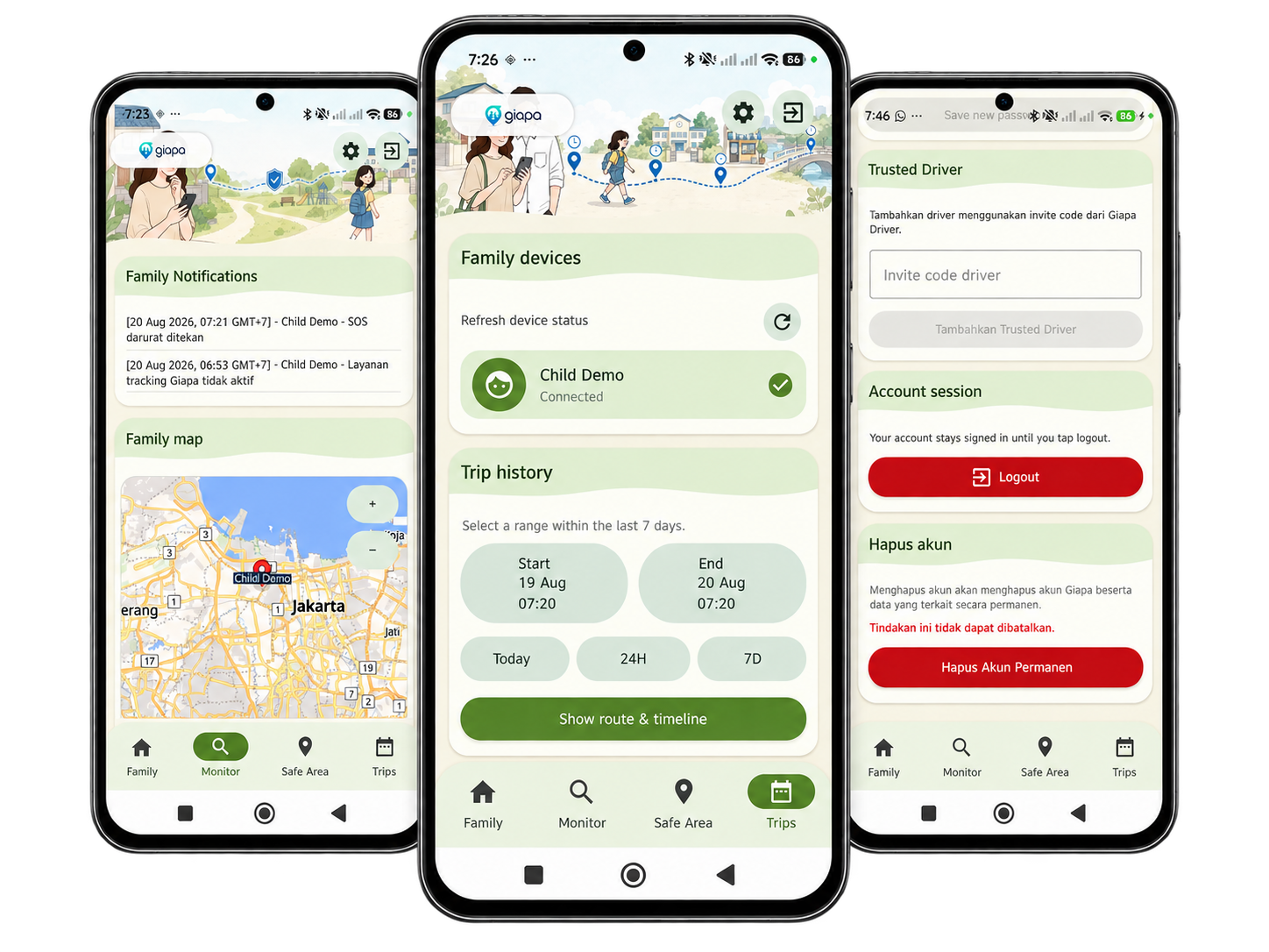 Tampilan Giapa Family Tracker pada tiga perangkat Android